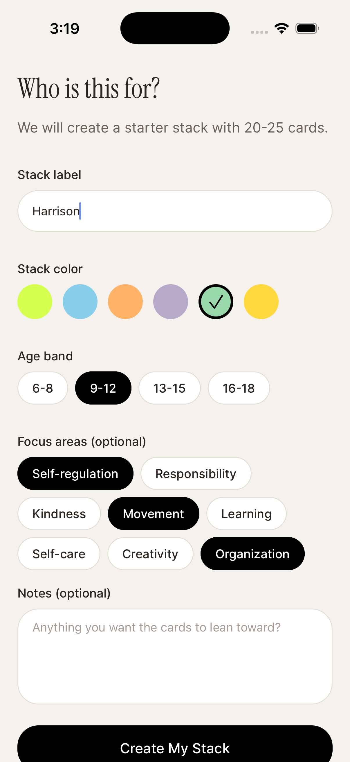 HabitCards screen